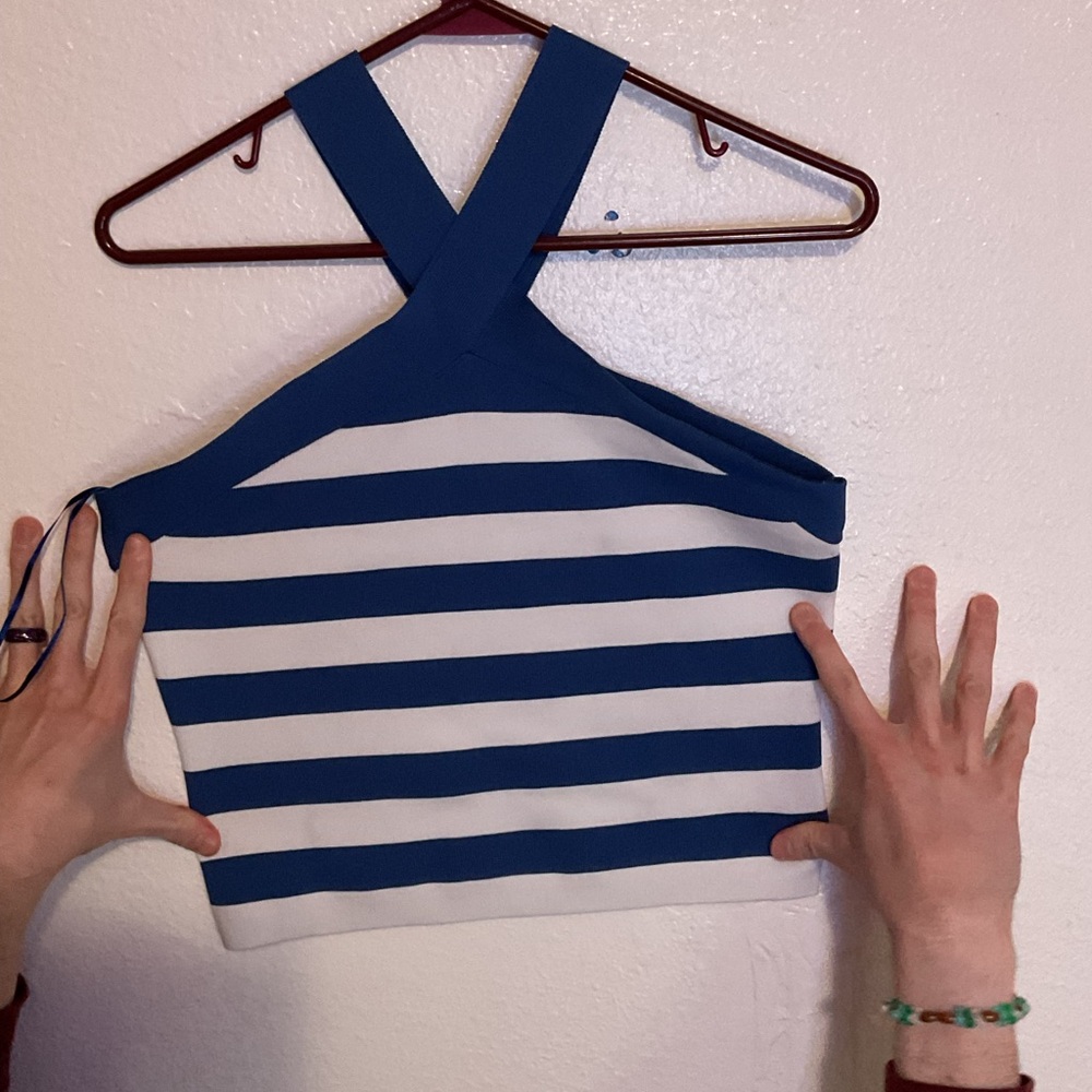 Sincerely Jules Blue and White Asymmetrical Crop Tank Top